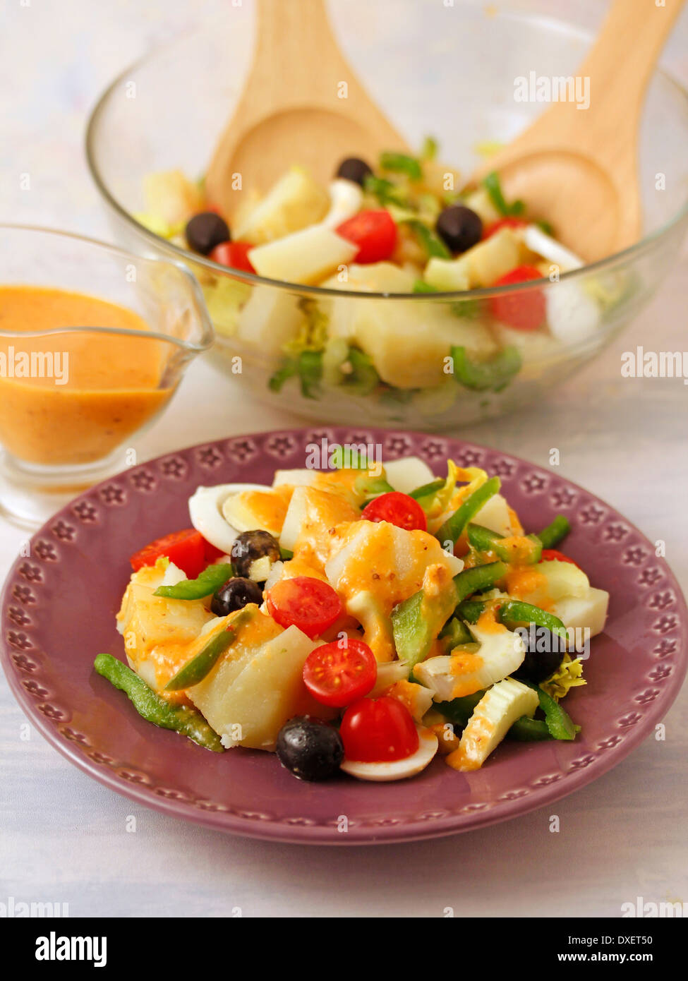 Potato salad with romesco sauce. Recipe available. Stock Photo