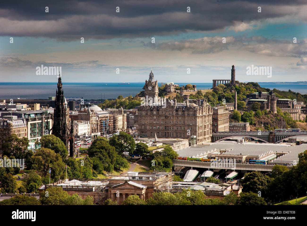 Scott Monument, Waverley Station & Calton Hill, from Edinburgh castle, Lothian. Stock Photo