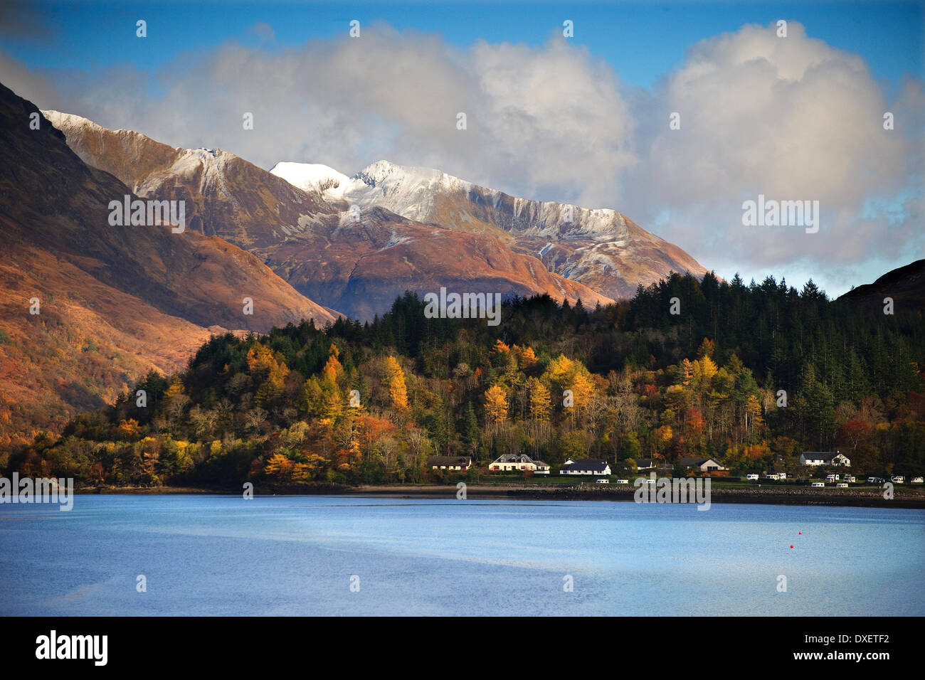 Autumn view across loch leven towards glencoe and the Mamore hills.West