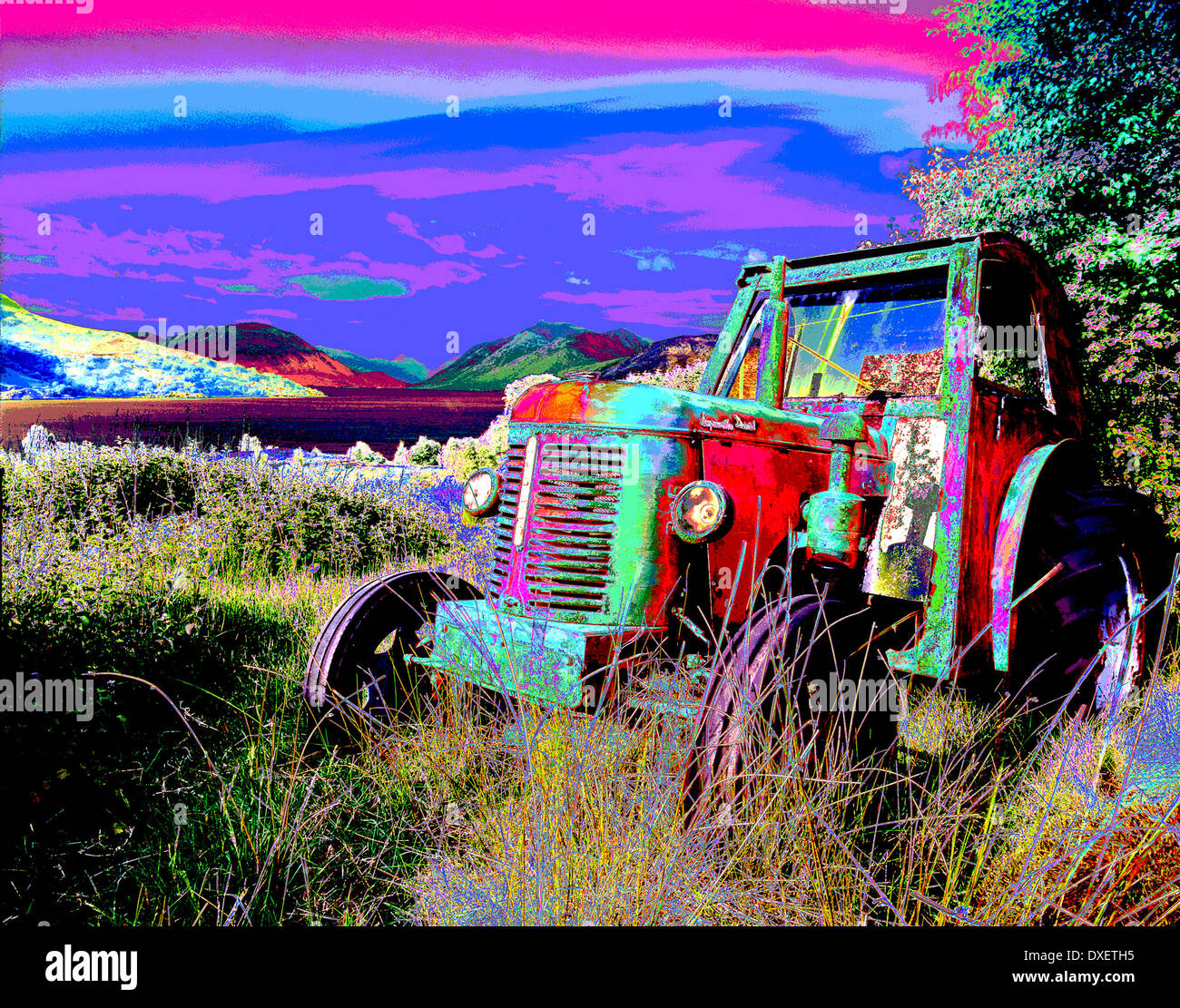 Abstract art picture of old tractor in field. Stock Photo