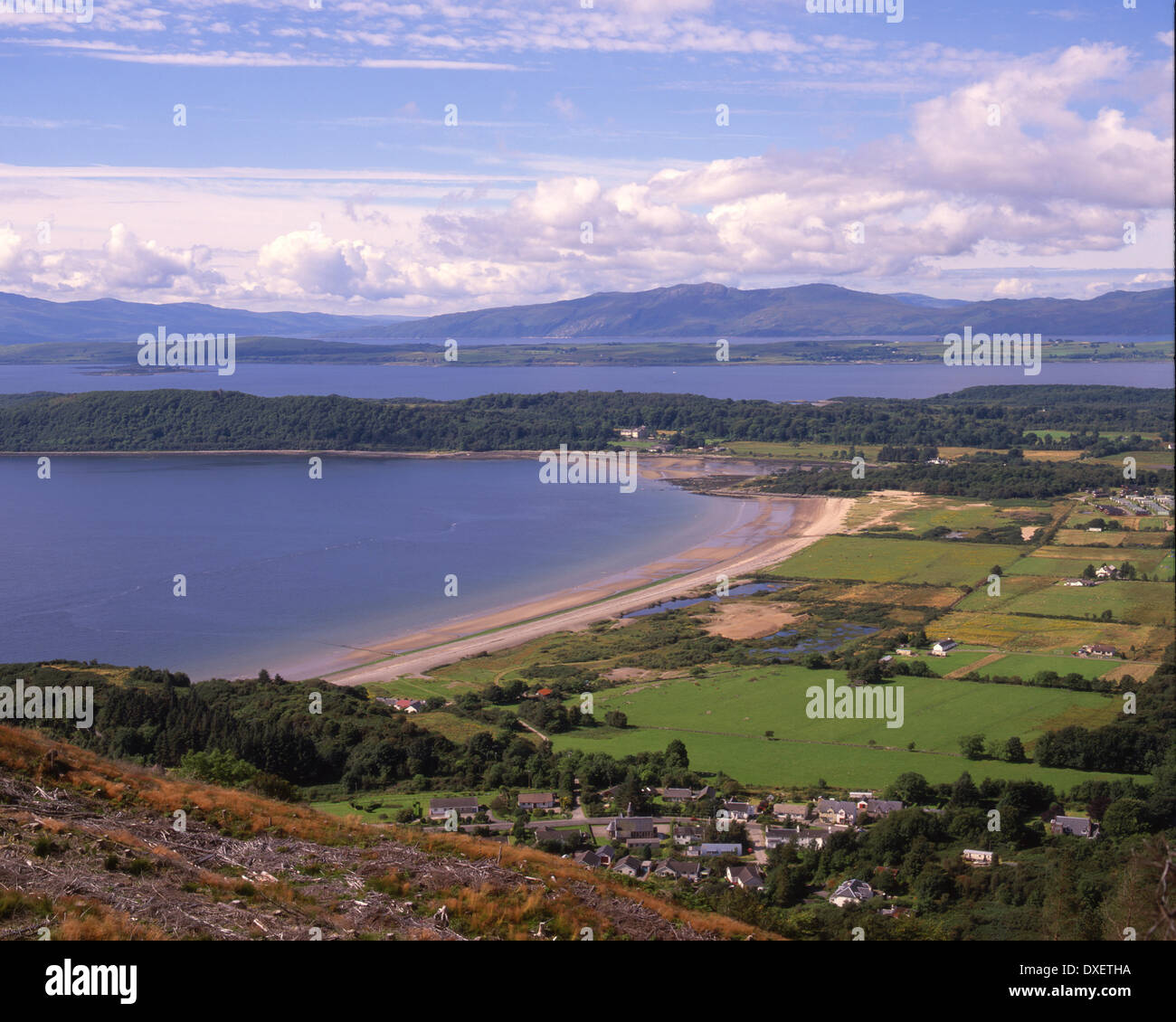 Impressive view looking down onto Benderloch village and Tralee Bay and the distant island of LIsmore from Ben Lora.Argyll. Stock Photo