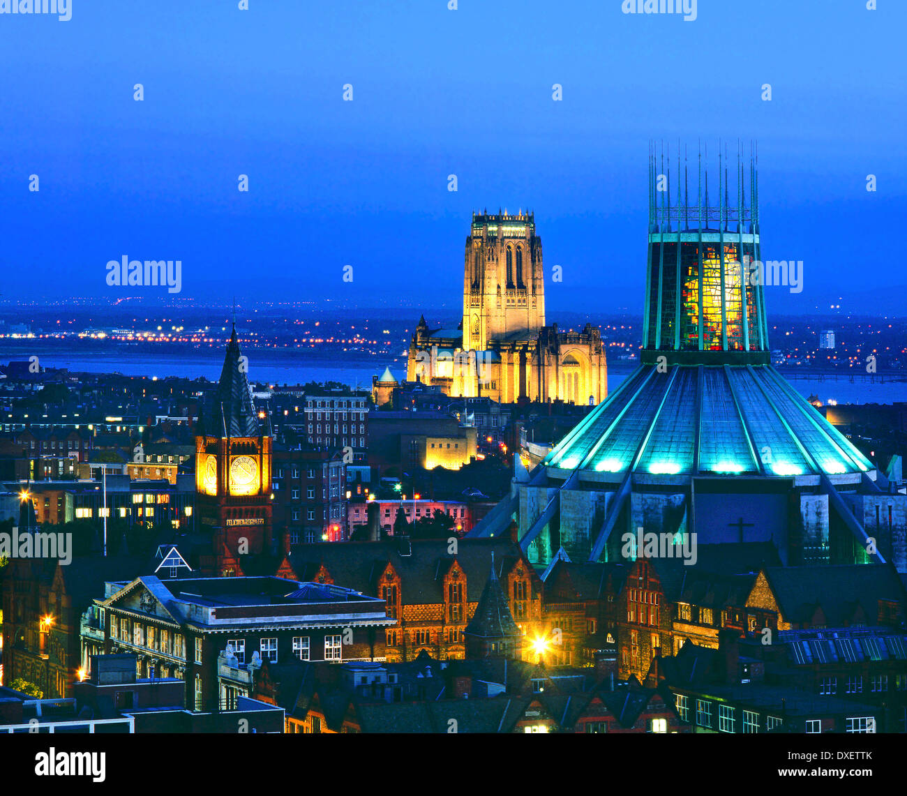 Both the Catholic and Anglican cathedrals at night, Liverpool, Merseyside. Stock Photo