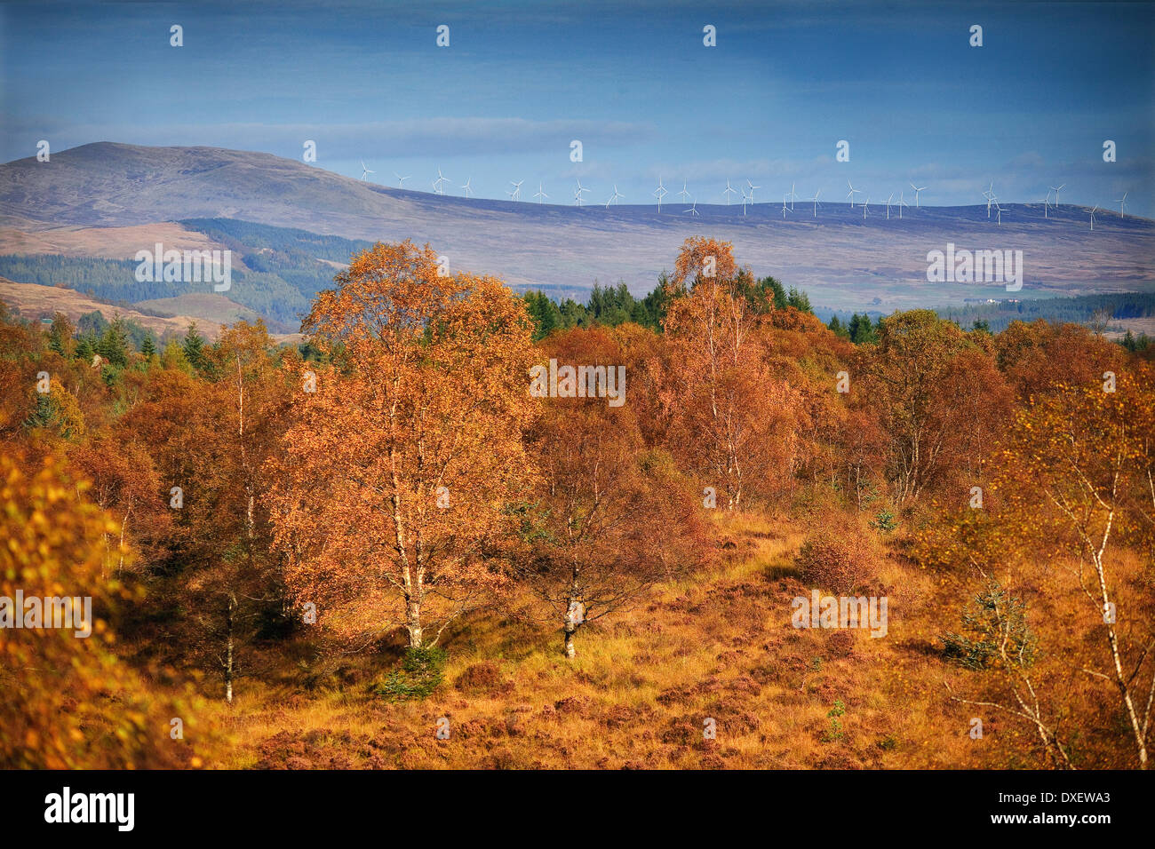 Autumn view from the dukes pass in the trossachs region with distant wind turbines.central scotland. Stock Photo