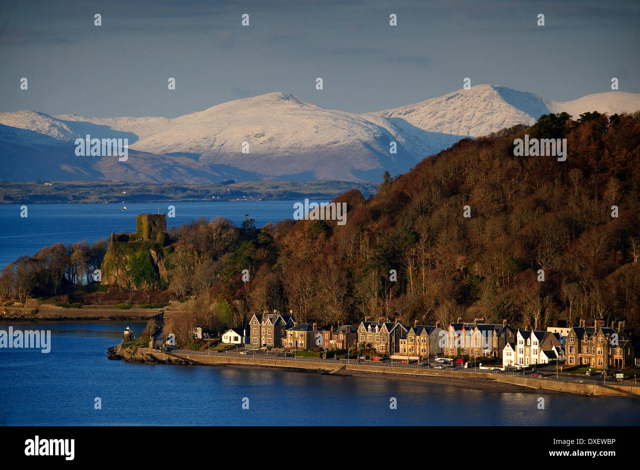 Winter view across oban bay towards Dunollie castle and the morven