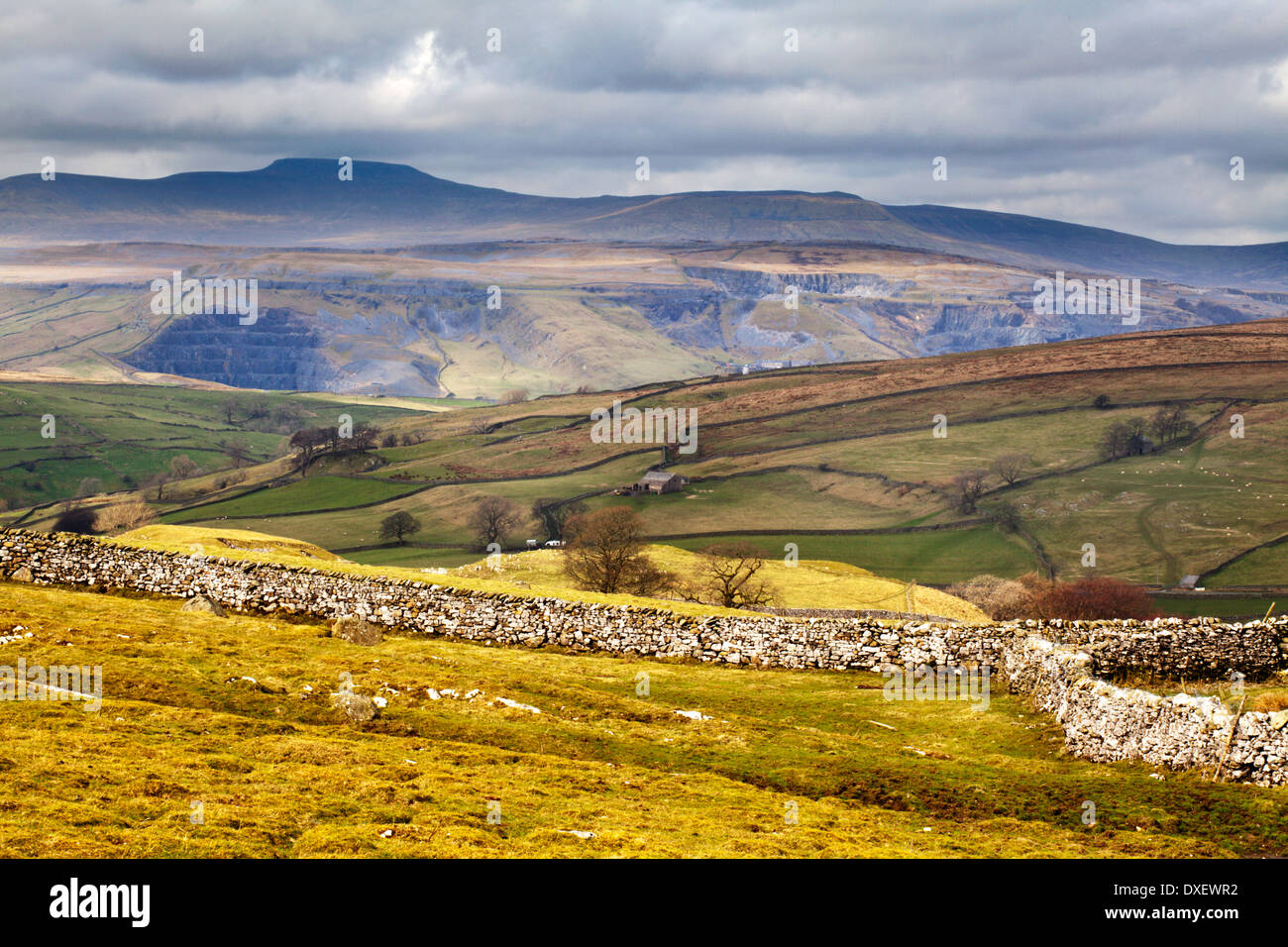 Quarries below Ingleborough from above Stainforth near Settle Yorkshire Dales England Stock Photo