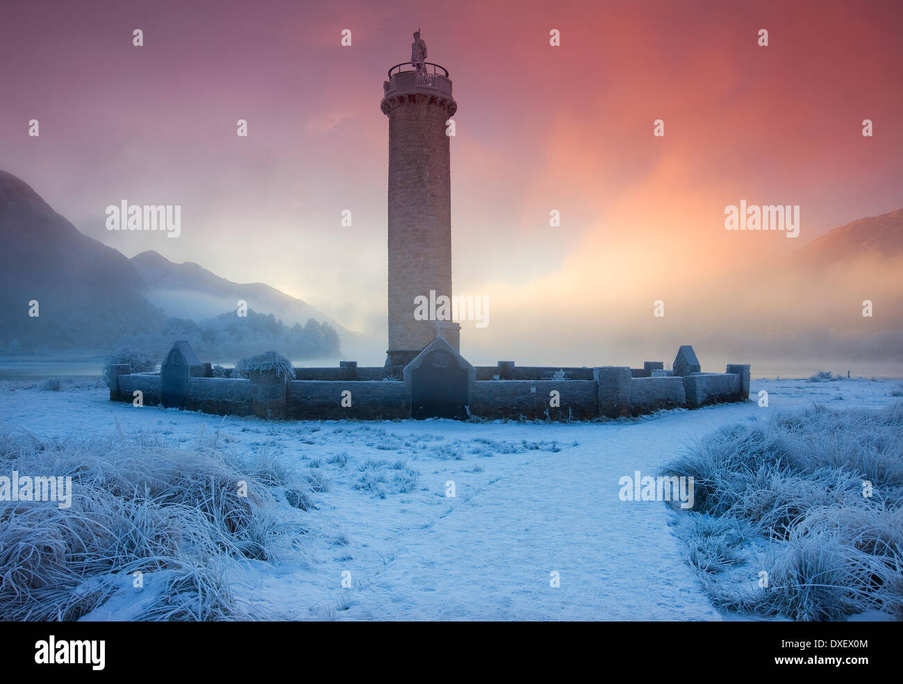 Winter sunset of the Jacobite monument on the shore of Loch Shiel, Glenfinnan, West Highlands Stock Photo