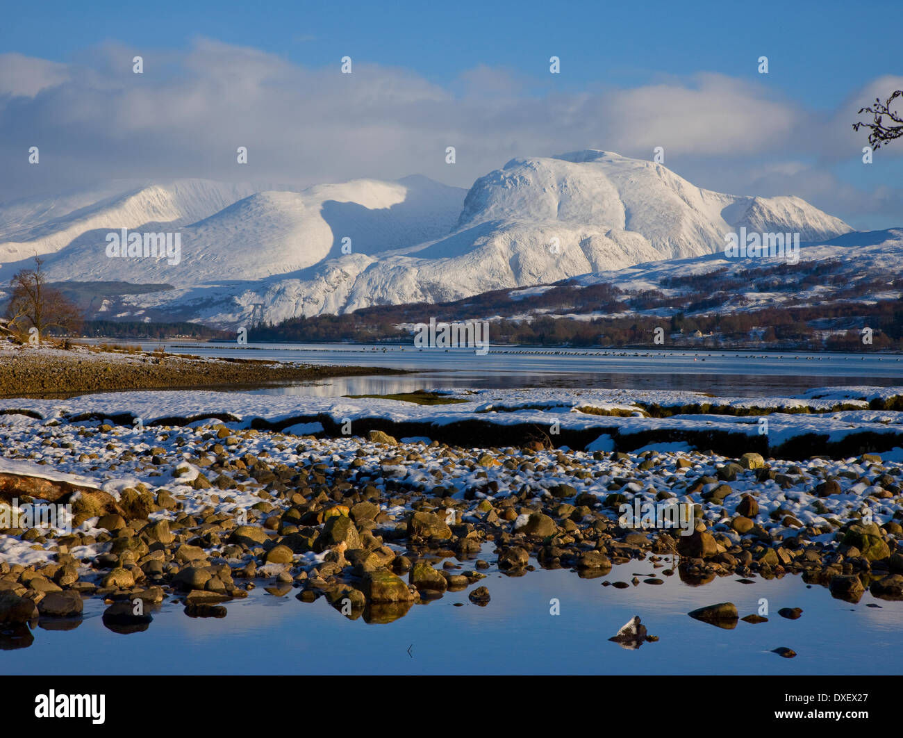 Winter wonderland of Ben Nevis from across Loch Eil, Lochaber. Stock Photo