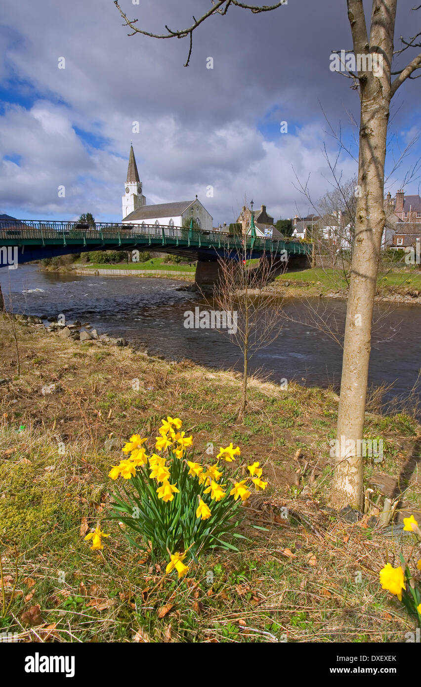 Comrie village & Church from across the river earn, Perthshire. Stock Photo