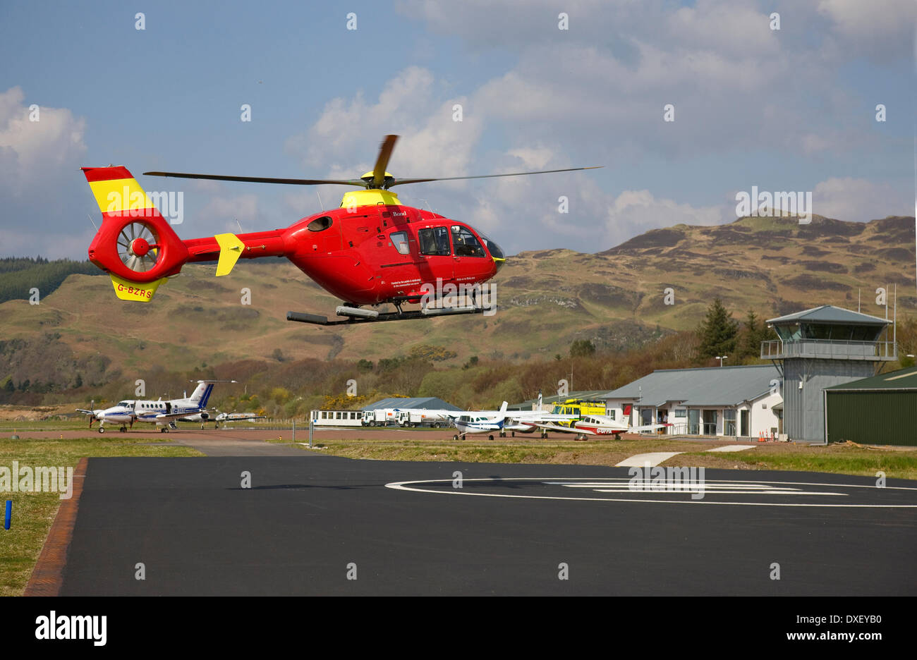 Air Ambulance landing at Oban Airport, Argyll Stock Photo