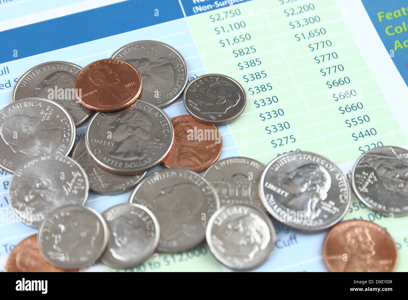 US Coins on a Financial Document Stock Photo