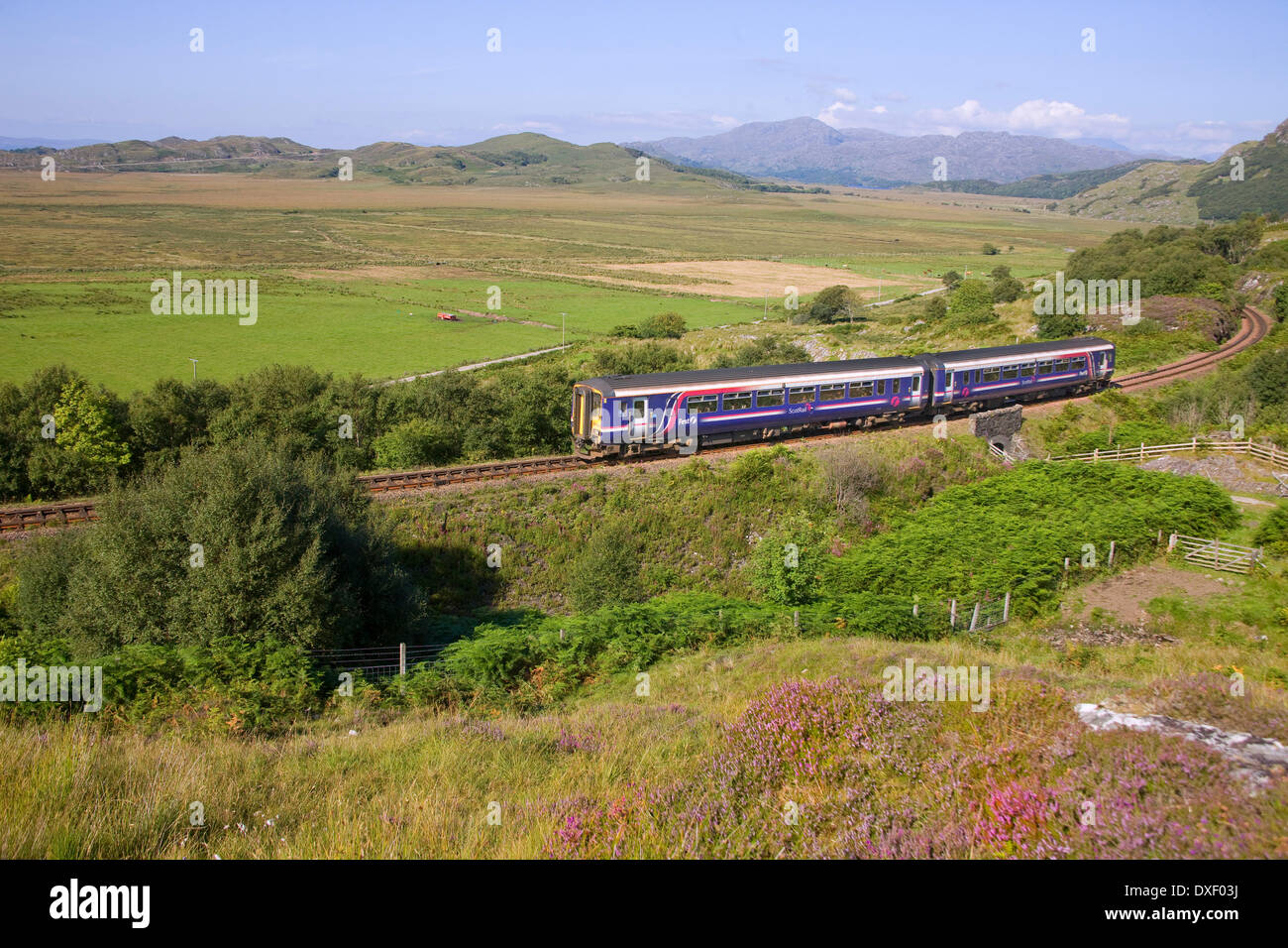 First Scotrail 2 coach sprinter near Kinloed, Fort William - Mallaig line. Stock Photo