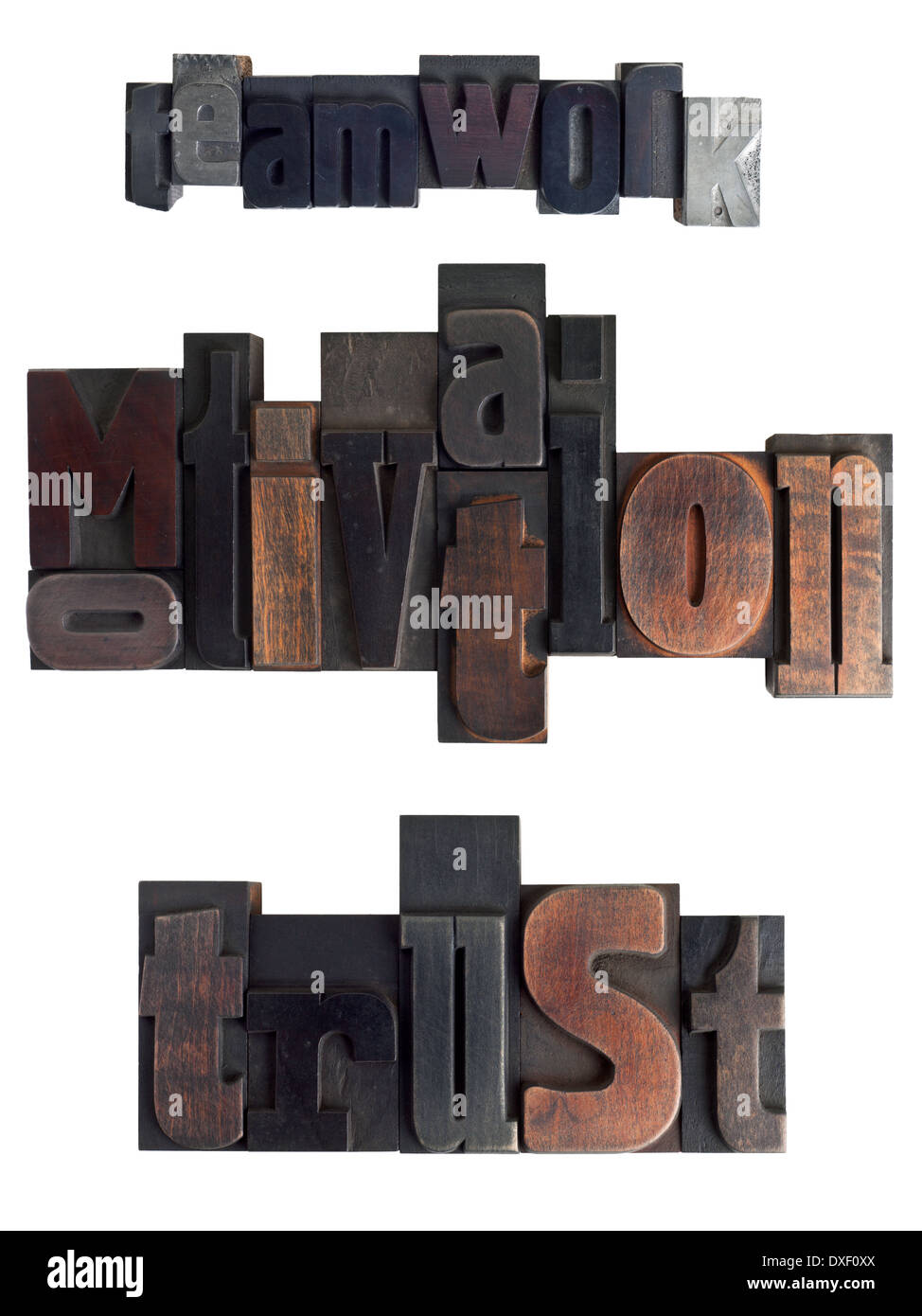 Words teamwork, motivation, trust written in vintage letterpress type, scratched and stained, isolated on white background Stock Photo