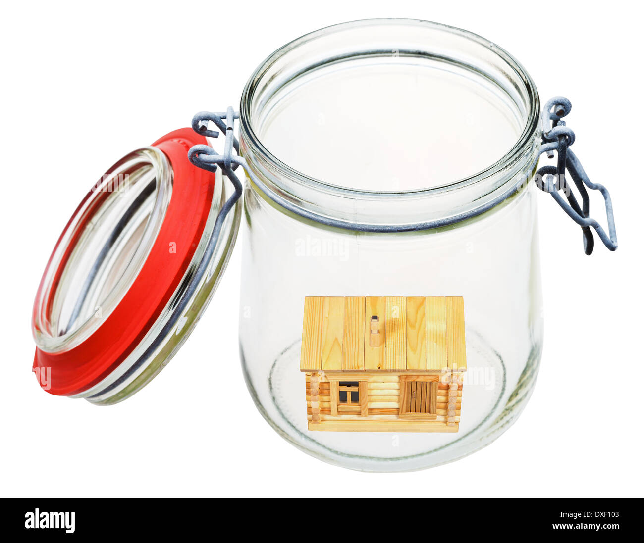 new wooden house in open glass jar Stock Photo