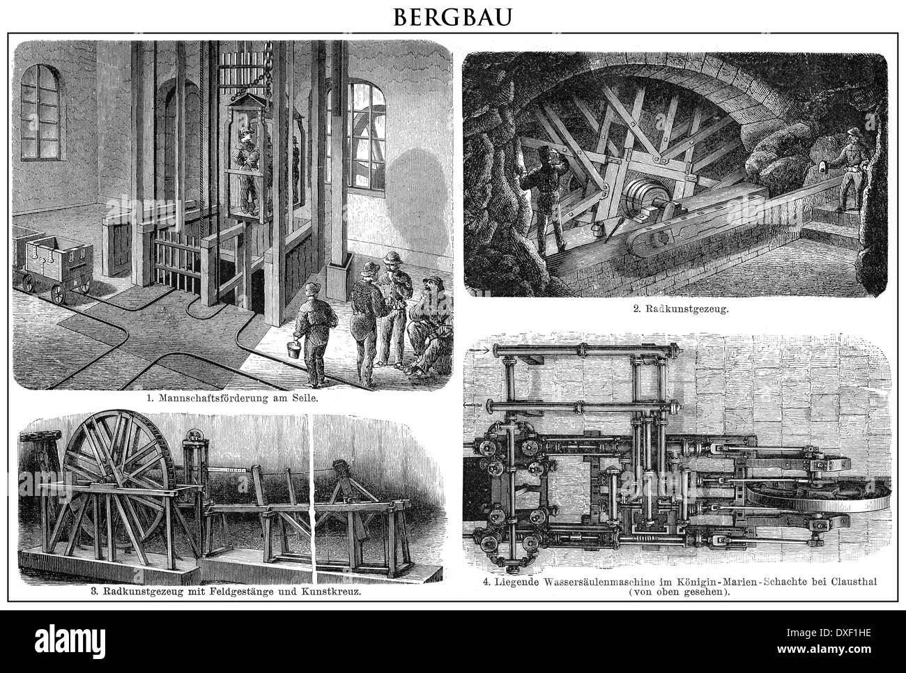 Historic illustration, mining operations in the 19th Century Stock Photo