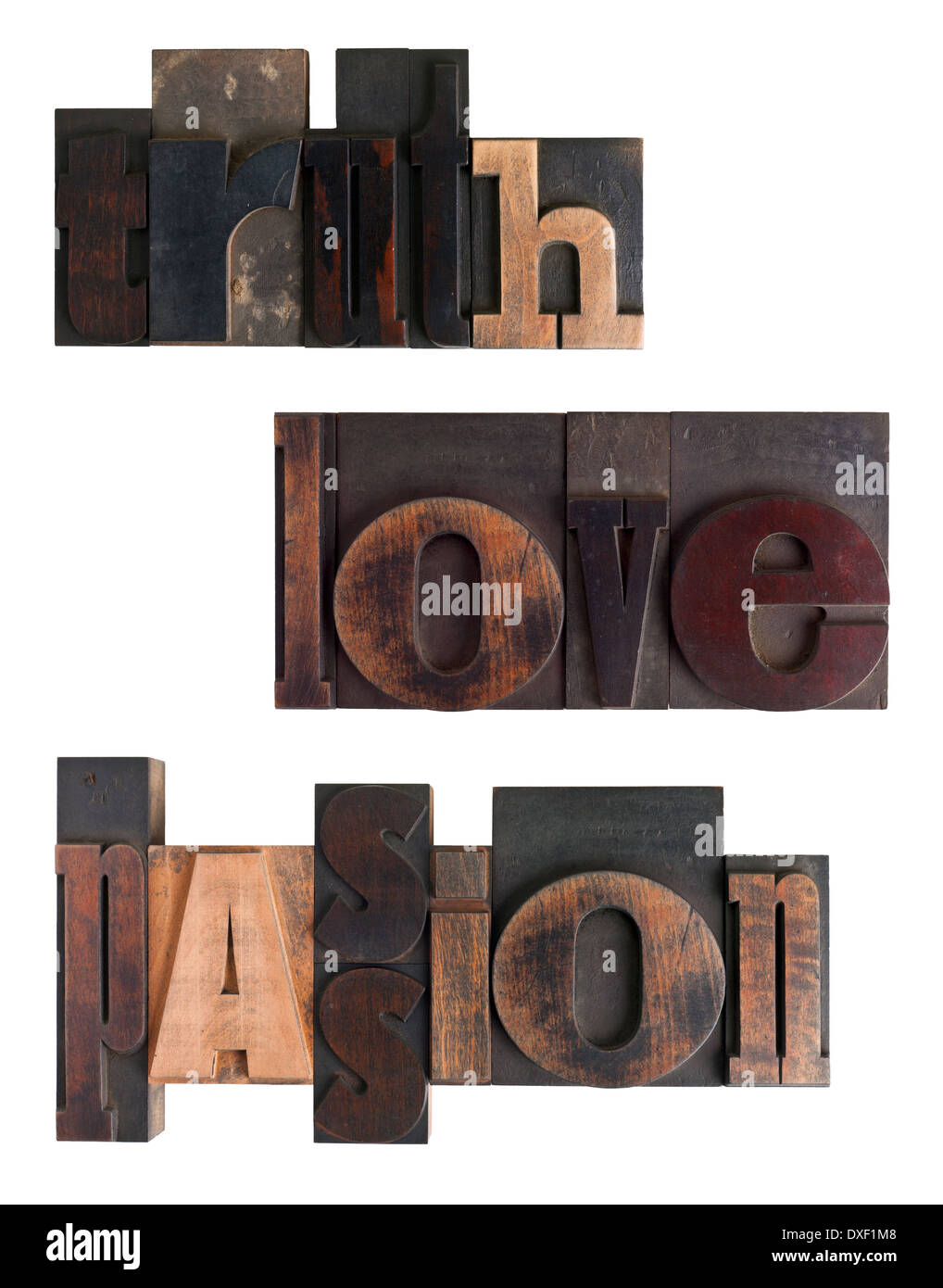 Words truth, love, passion written in vintage letterpress type, scratched and stained, isolated on white background Stock Photo