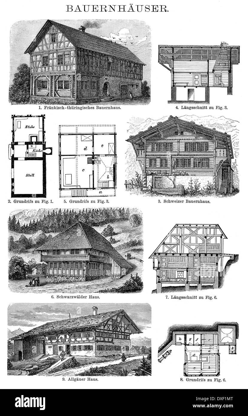 Historic illustration, 19th century, German farmhouses Stock Photo