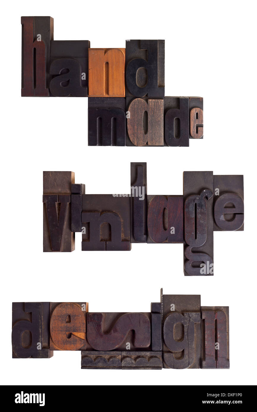 Words handmade, vintage, design written in vintage letterpress type, scratched and stained, isolated on white  background Stock Photo