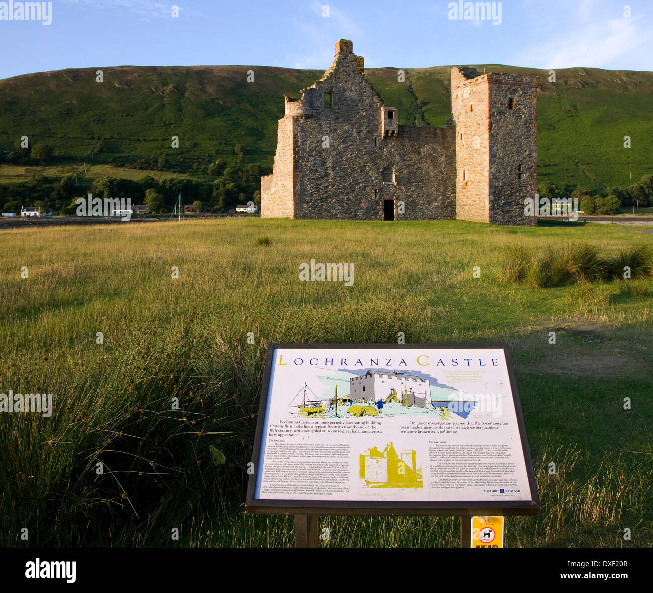 Lochranza castle ruins from information board,Island of Arran Stock Photo