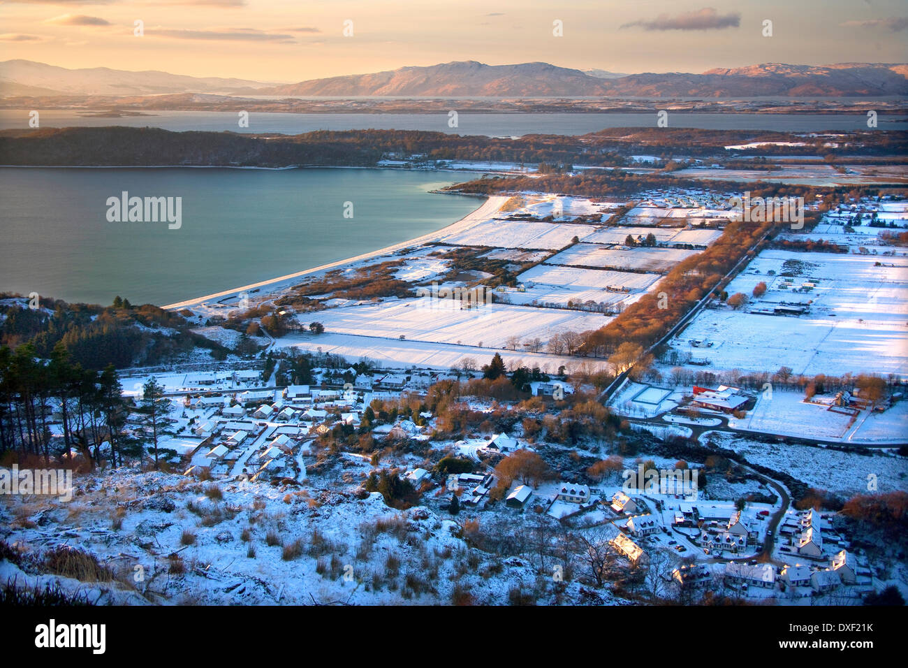 Winter view overlooking benderloch and tralee bay, with lismore and morvern in view. Stock Photo