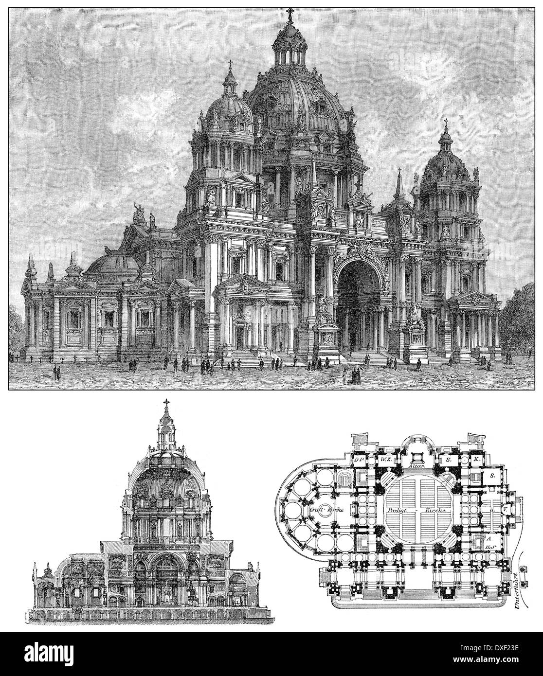 Berlin Cathedral, Germany, historical illustration, floor plan and intersection, about 1896, Stock Photo