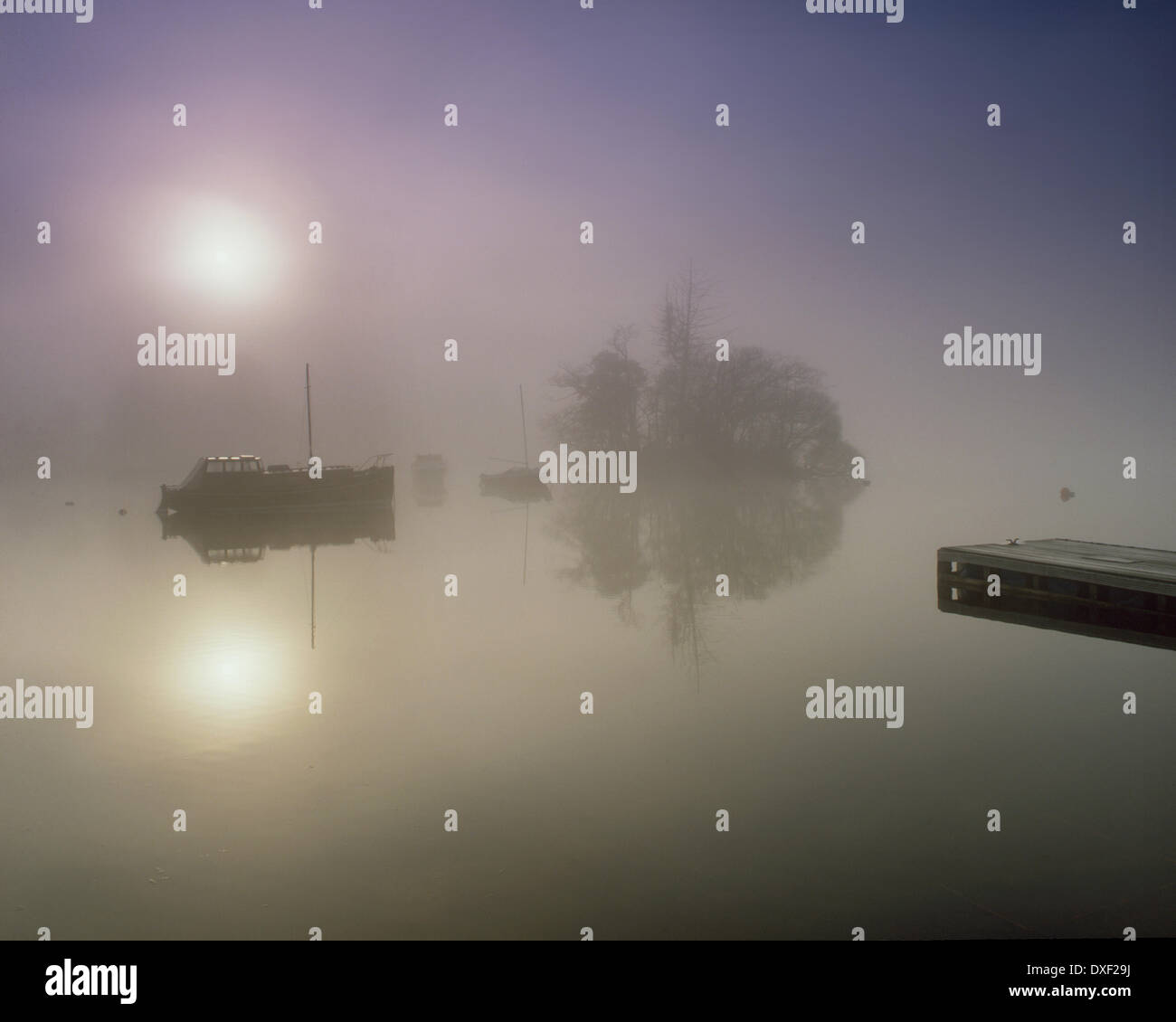 Misty morning on Loch Lomond near Luss, Dumbartonshire. Stock Photo