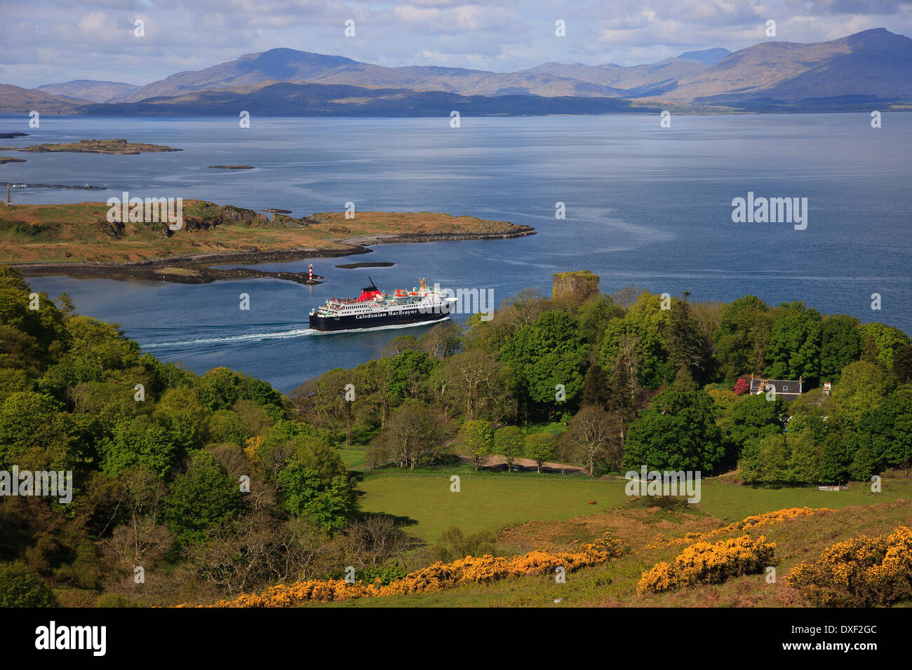 The M.V.Isle of Mull passing Dunollie Castle, Oban, Argyll Stock Photo