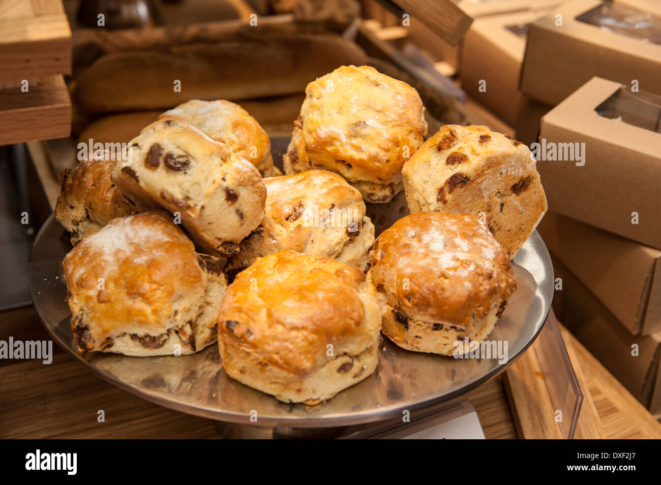 A platter of freshly baked scones in the bakery section of a shop. Stock Photo