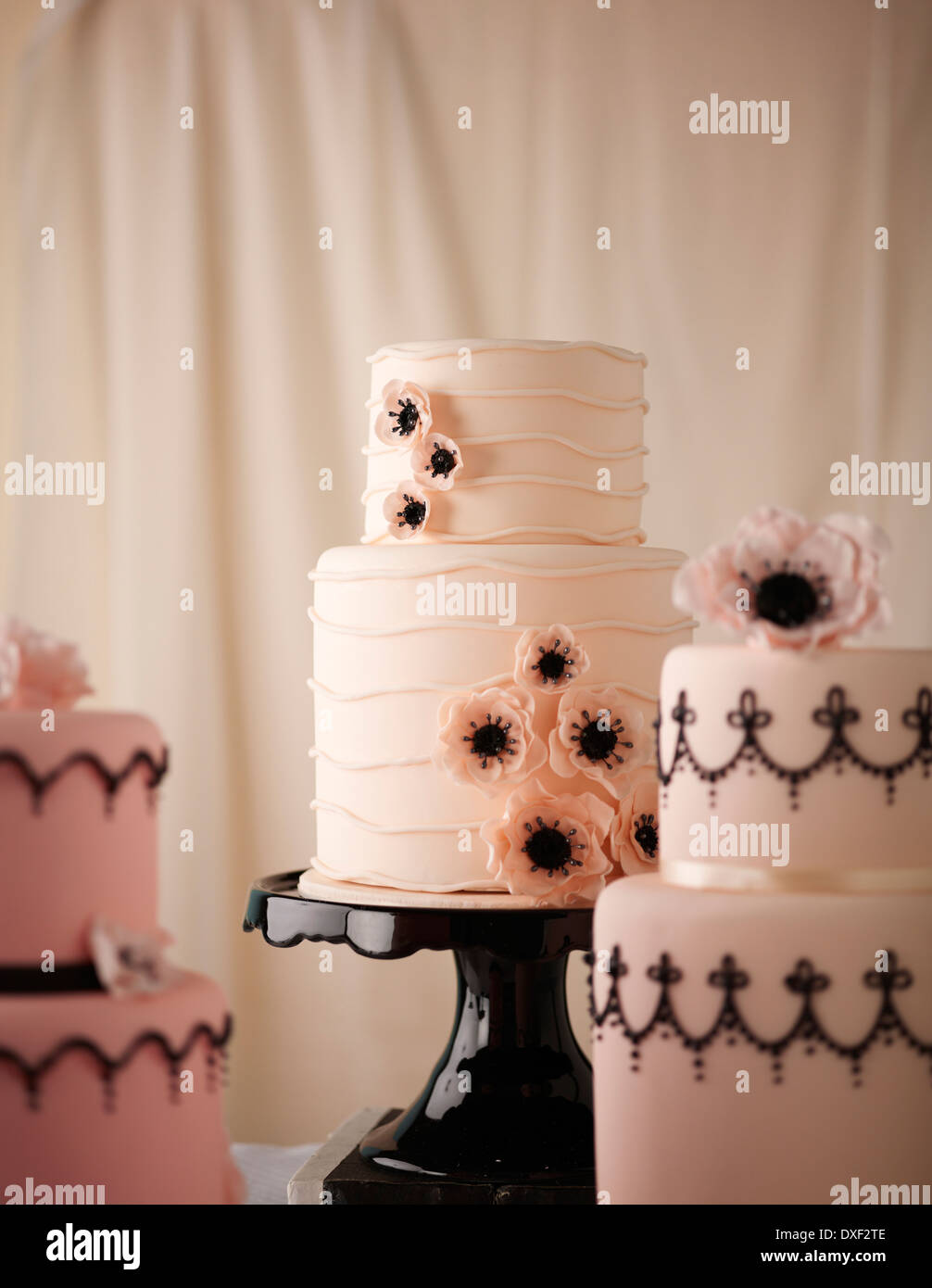 Pink Tiered Wedding Cakes, Studio Shot Stock Photo