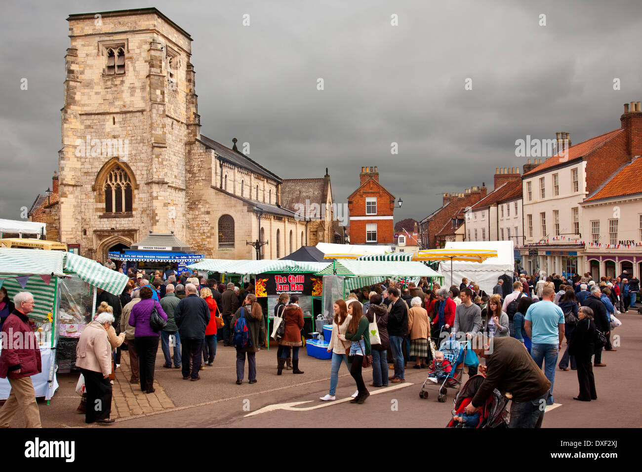 Market day in the Yorkshire market town of Malton in the United Kingdom. Stock Photo