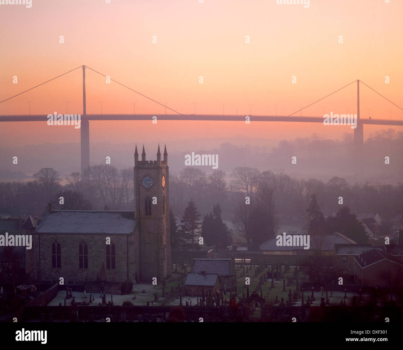 Old Kilpatrick with church and erskine bridge river clyde glasgow Stock