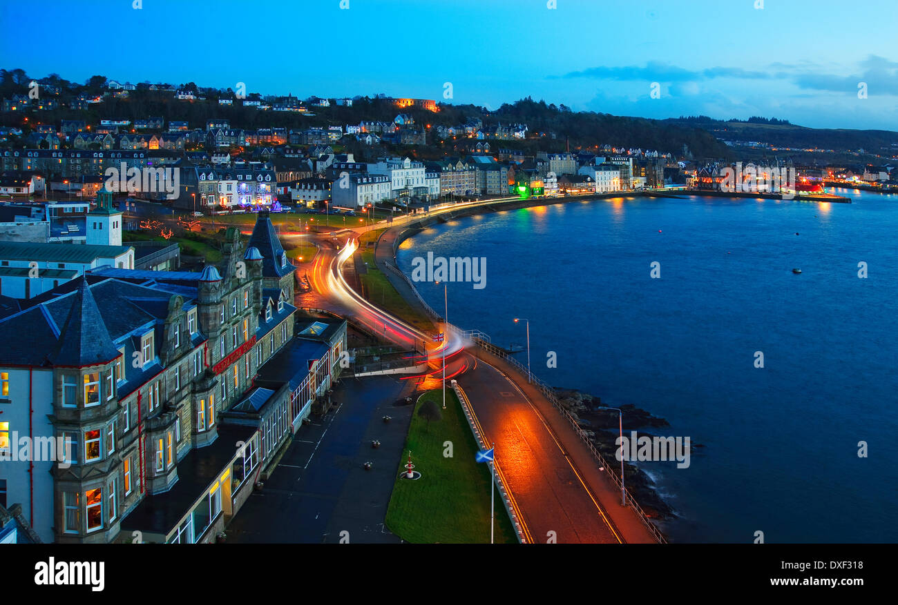 Night time view towards oban as seen from the catholic cathedral tower.oban,argyll. Stock Photo