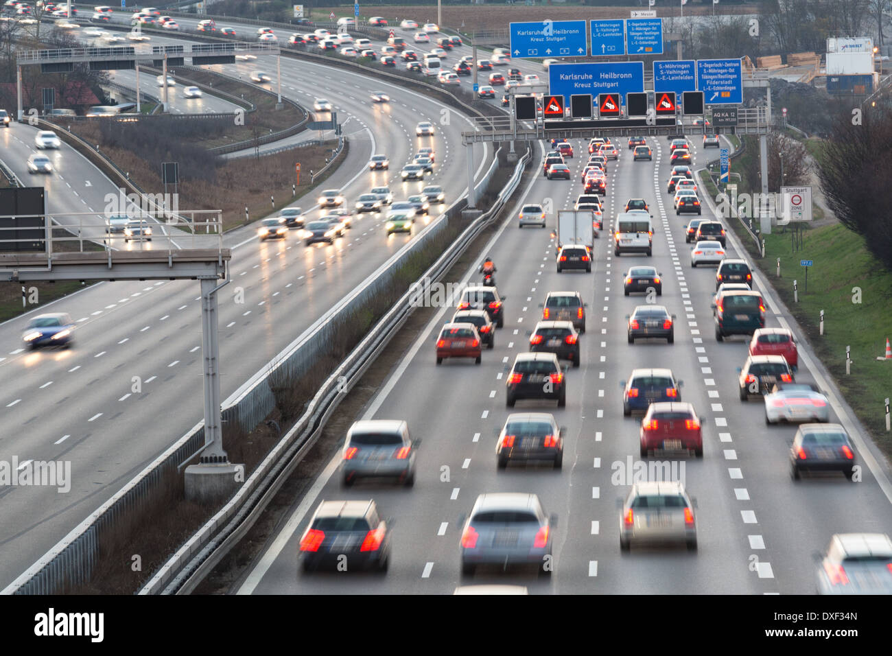 vespertine traffic jam on the Autobahn A8 near the airport of Stuttgart Stock Photo