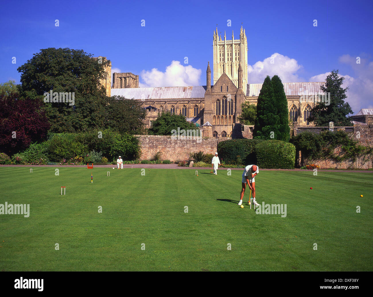 The bishops palace croquet club and lawns with Wells Cathedral in view.Bishops-palace,City of Wells,Avon,Somerset.England. Stock Photo