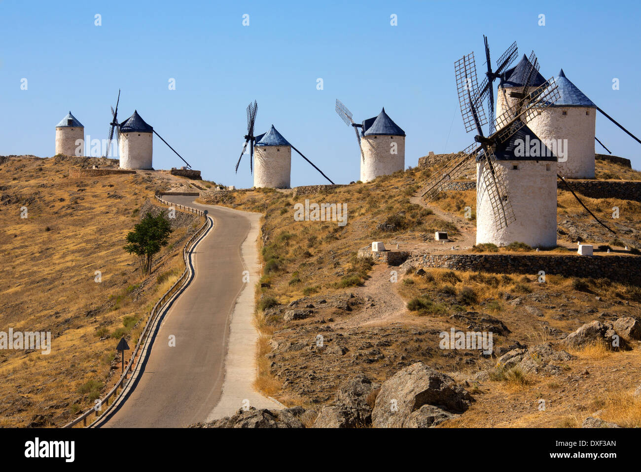 Windmills of Consuegra in the La Mancha region of central Spain. Stock Photo