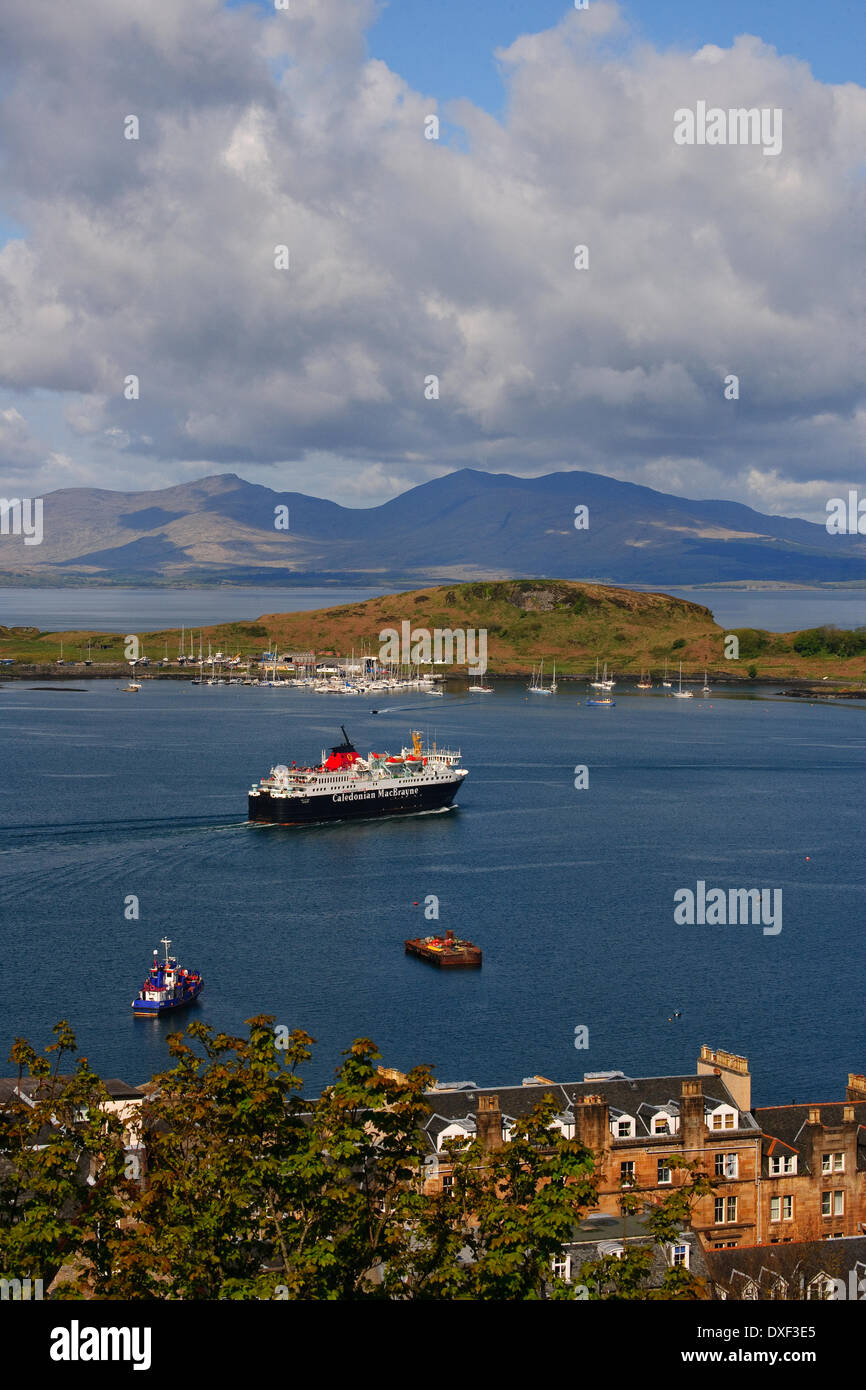 Oban bay from MaCaigs tower with the departing Mull Ferry.Argyll Stock Photo