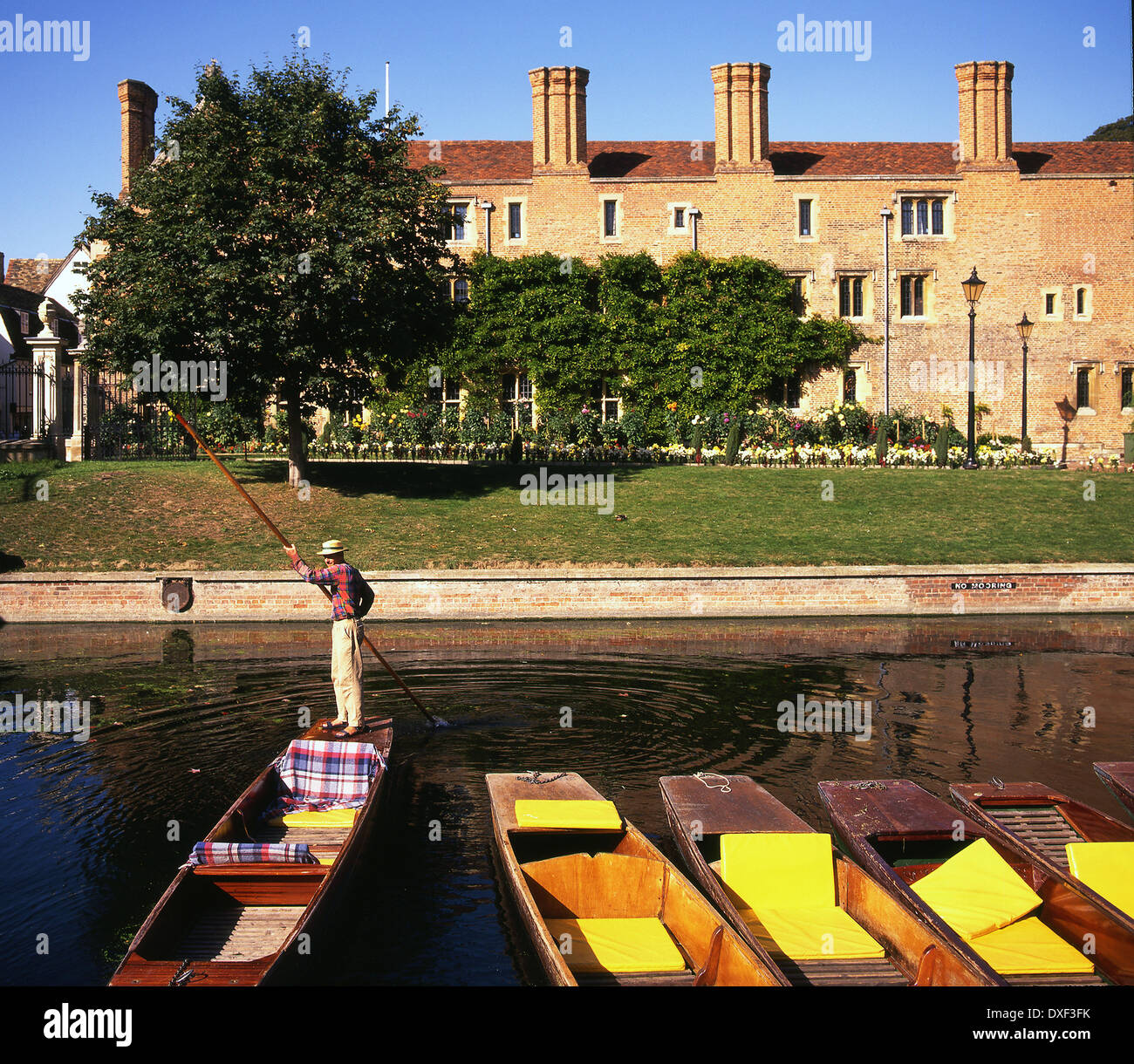 A STUDENT OARS A PUNT ON THE RIVER CAM IN CAMBRIDGE,CAMBRIDGESHIRE,ENGLAND Stock Photo