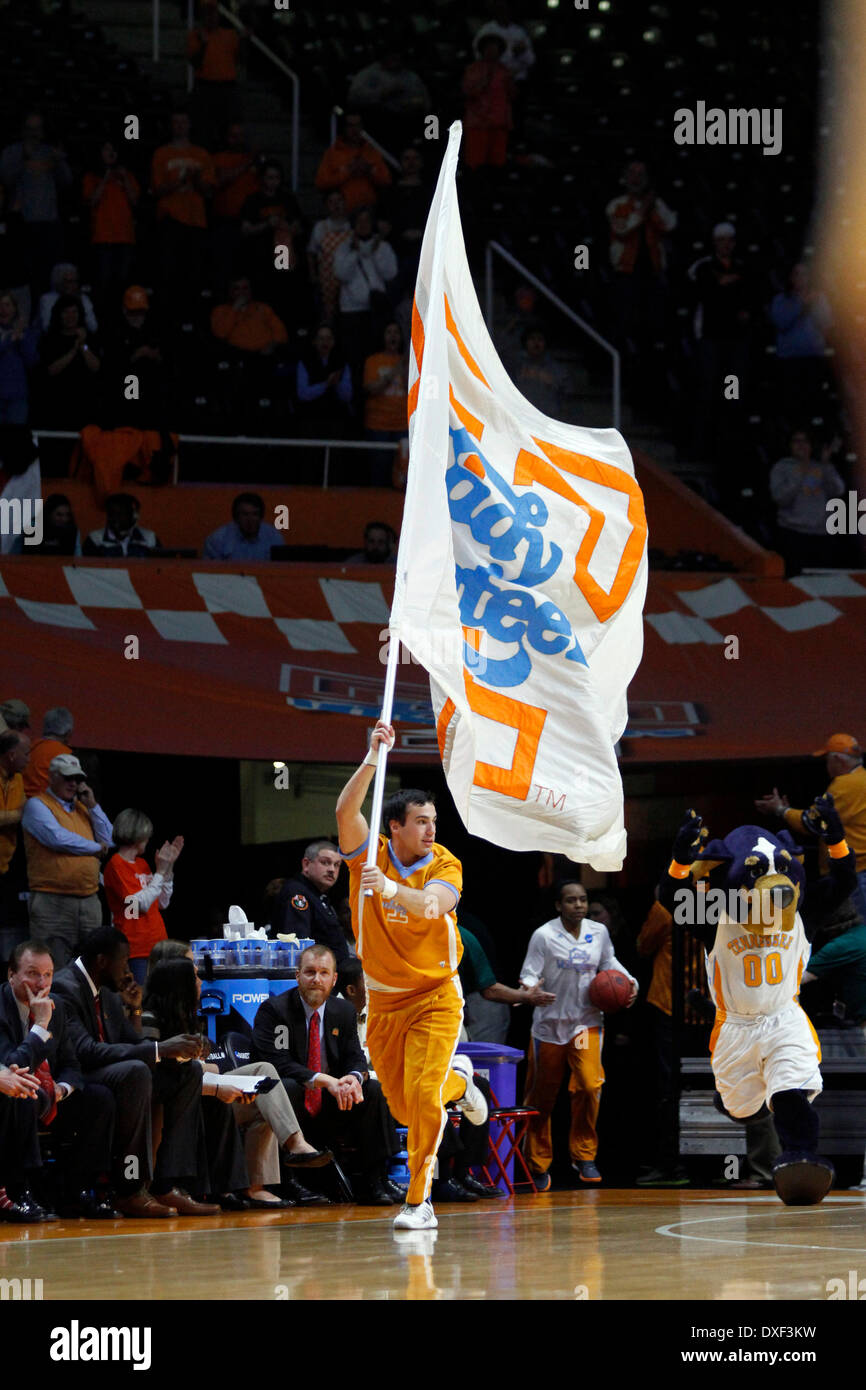 March 24, 2014 - Knoxville, TN, USA - March 24, 2014: A Tennessee Lady Volunteers cheerleader leads the team onto the court before an NCAA women's college second-round tournament basketball game against the St. John's Red Storm Monday, March 24, 2014, in Knoxville, Tenn. (Wade Payne/Cal Sport Media) Stock Photo