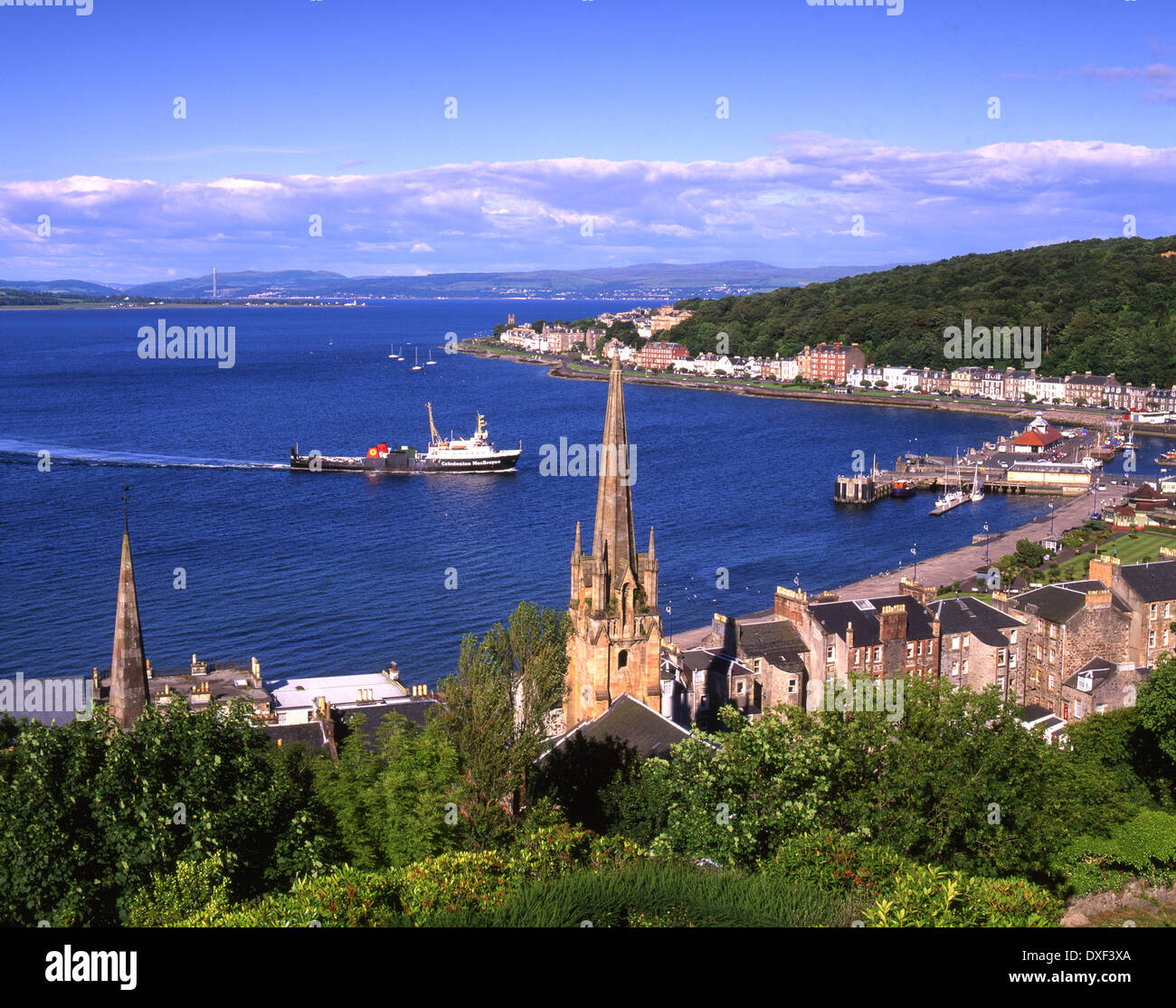 Rothesay bay and town with Clyde ferry in view, Isle of Bute, Argyll. Stock Photo