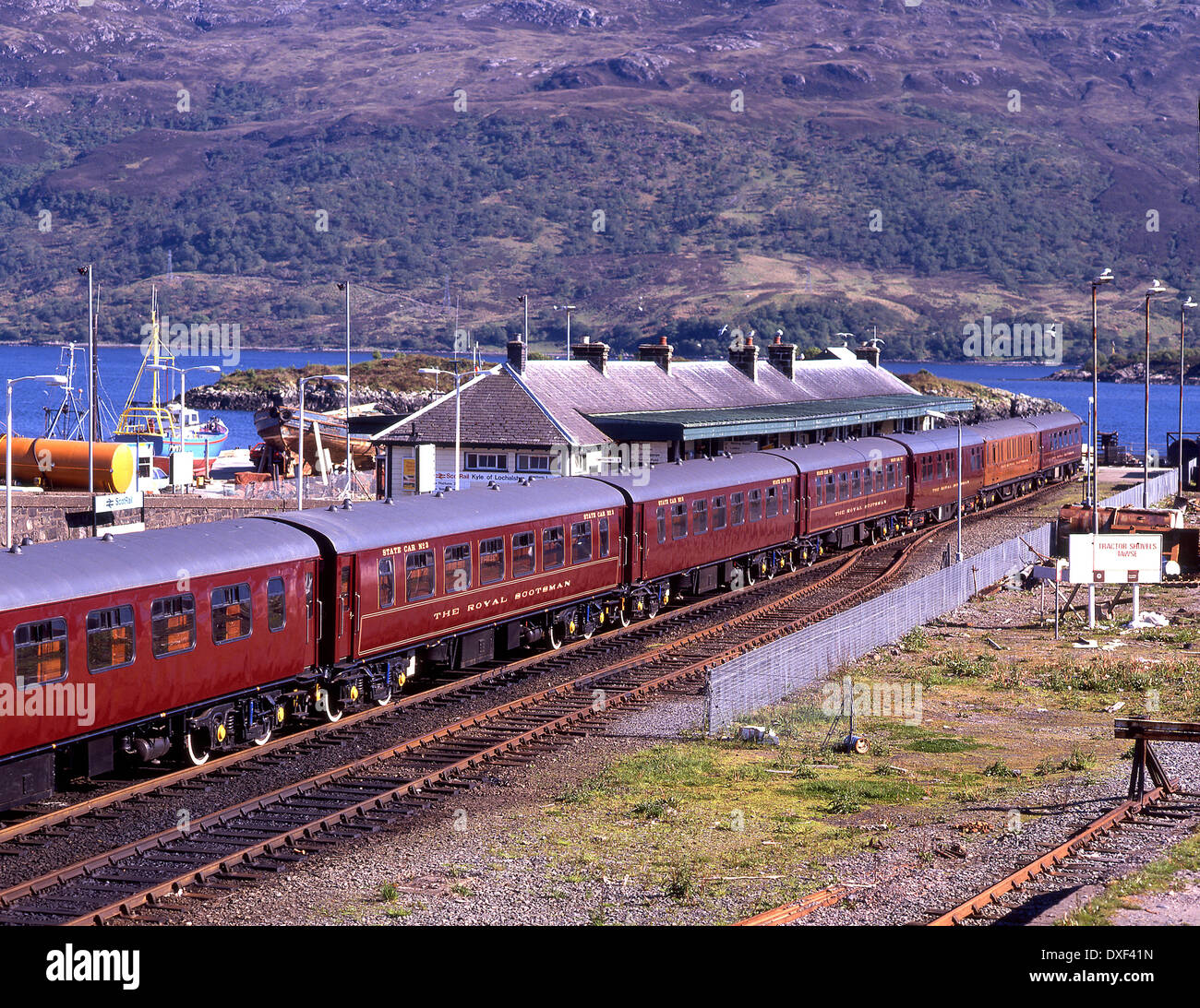 The royal scotsman train sits at the Kyle of Lochalsh  station,on loch alsh,west highlands. Stock Photo