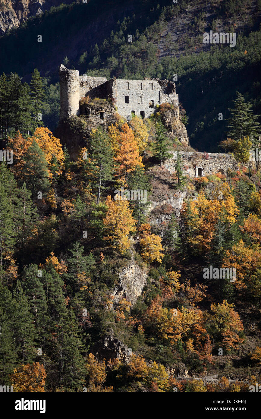 The ruins of castle of the Jeanne queen of Guillaumes in the Mercantour national park in the back country of the Alpes-Maritimes Stock Photo