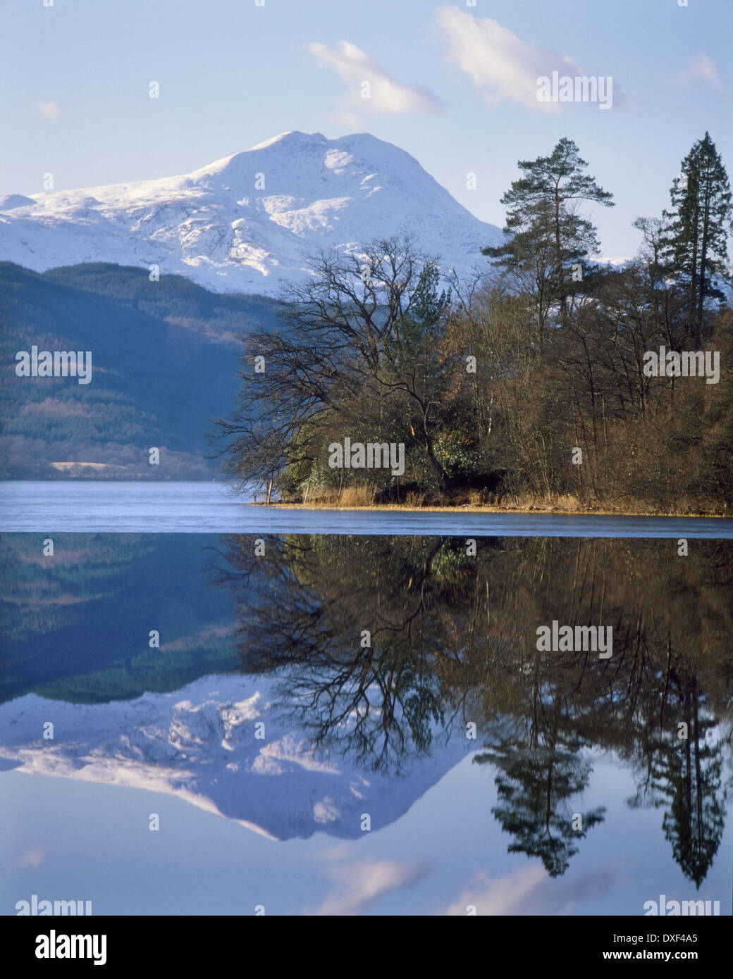 Winter reflections on Loch Ard with Ben Lomond in view, Trossachs. Stock Photo