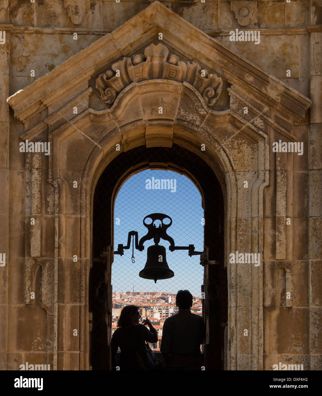 Tourists in the bell tower of the Universidad in the city of Salamanca in the Castilla-y-Leon region of Spain. Stock Photo