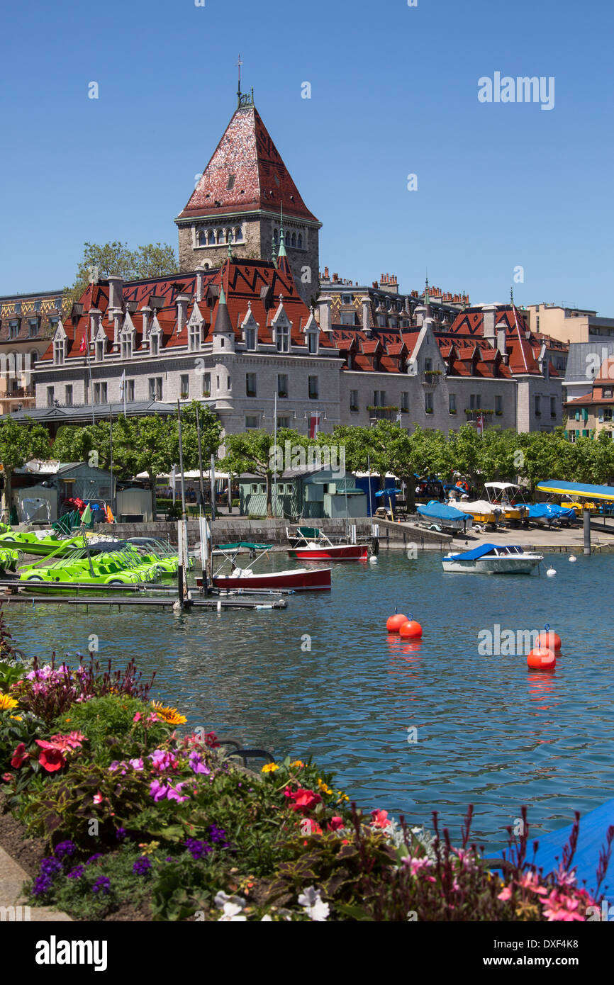 The Chateau d'Ouchy in the town of Ouchy on the north shore of Lake Geneva in Switzerland. Stock Photo
