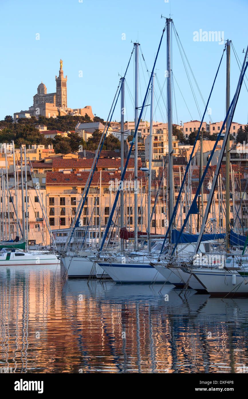 Late afternoon sunlight over the Vieux Port area of Marseille in the Cote d'Azur region of the South of France Stock Photo