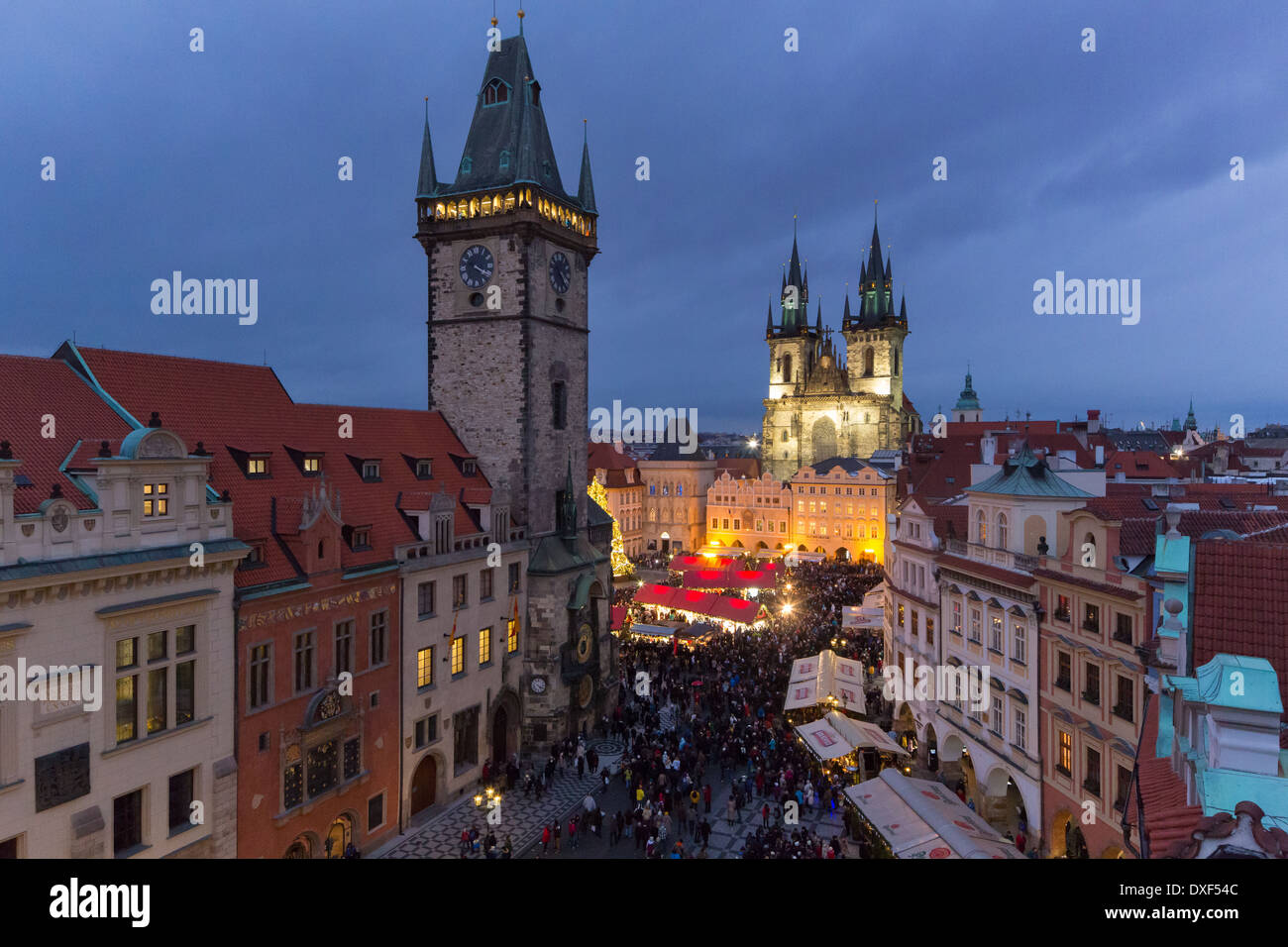 the Old Town Square at dusk, with the Old Town Hall and Church of Our Lady Before Tyn, Prague Stock Photo