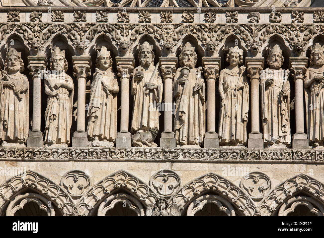 Detail of the sculpture above the central portal of the Cathedrale Notre-Dame in the city of Amiens, Picardy region of France Stock Photo