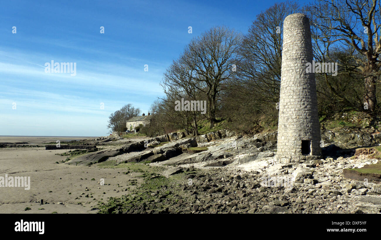 View from the east of grade 2 listed chimney, c. 1800, on Morecambe Bay shore by Brown's House, nr Silverdale, Lancs, UK. Stock Photo