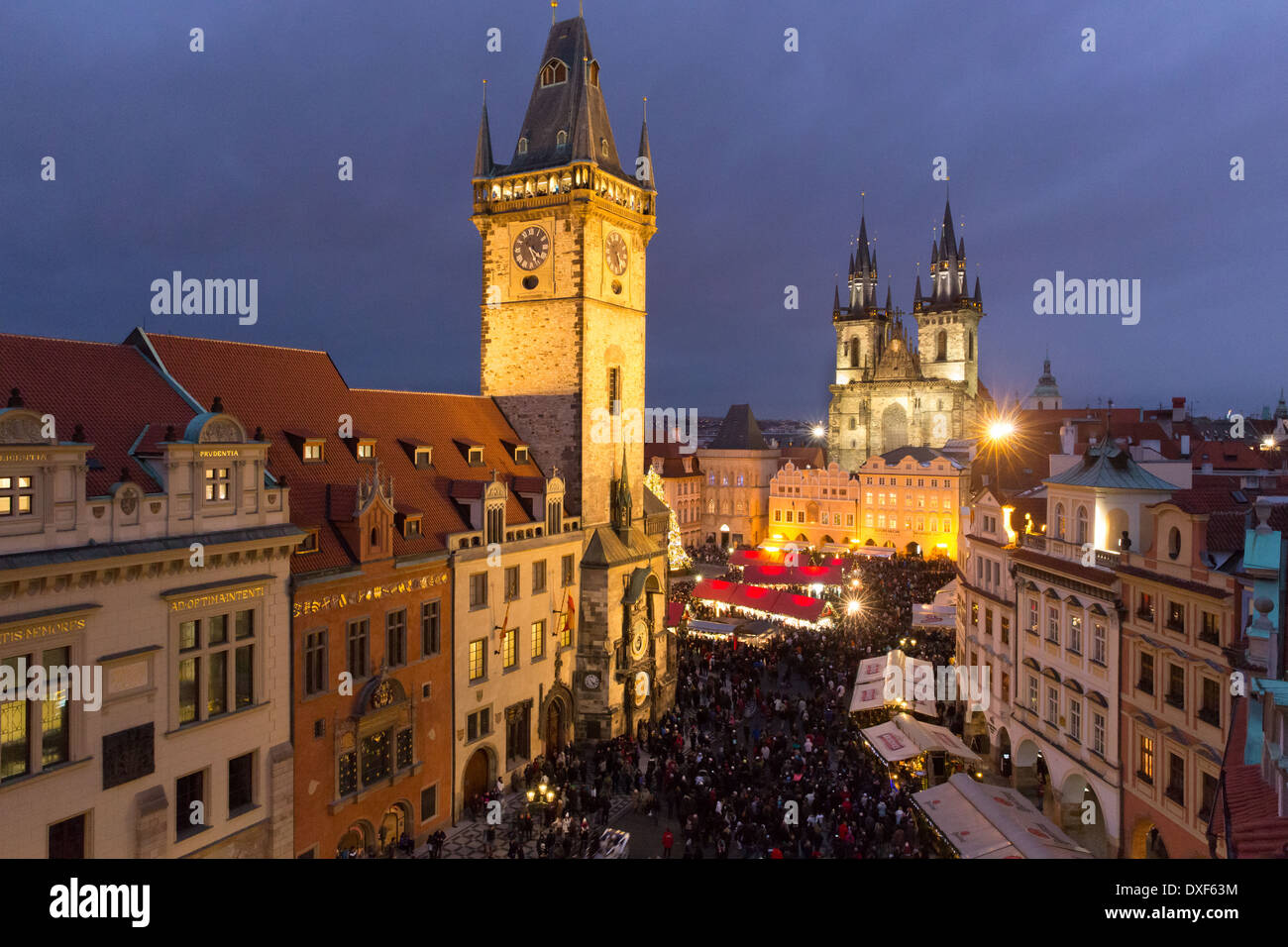 the Old Town Square at dusk, with the Old Town Hall and Church of Our Lady Before Tyn, Prague Stock Photo