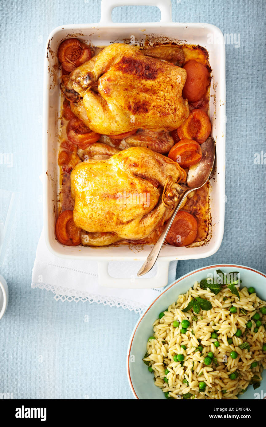 Overhead View of Baked Chicken and Brown Rice with Peas, Studio Shot