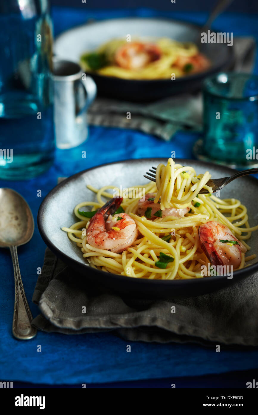Spaghetti with Shrimp, Studio Shot Stock Photo